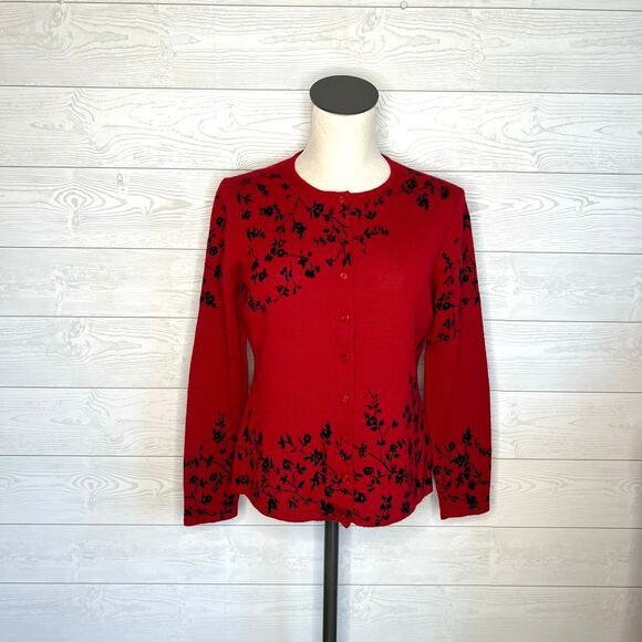 Vintage 90's Rena Rowan red cardigan with black embroidery Size Medium - Picture 1 of 6